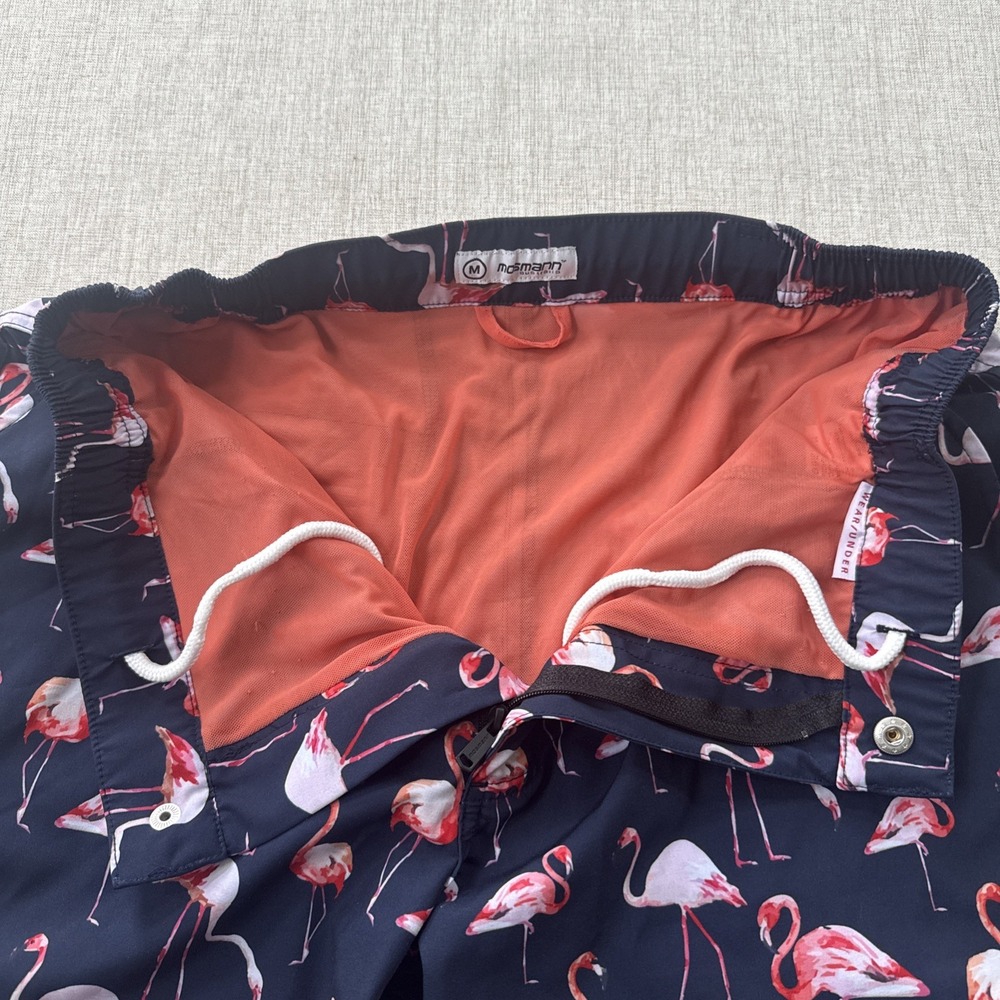 Mosmann Australia Swim Trunks Men's Medium Navy Pink Flamingo Beach Pool Resort - Picture 2 of 9